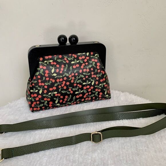 Handmade Genuine Leather Cherry Print Wooden Frame Bag/Crossbody & Small Purse - Picture 7 of 16